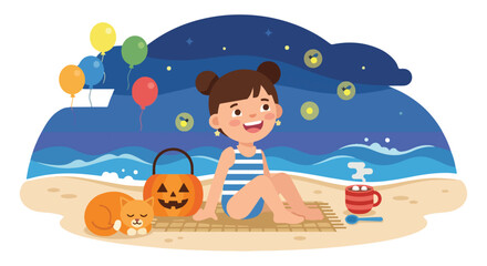 Naklejka premium A cheerful girl sits on a beach at night with her sleeping cat, a jack-o'-lantern, and hot cocoa under a starry sky filled with fireflies.