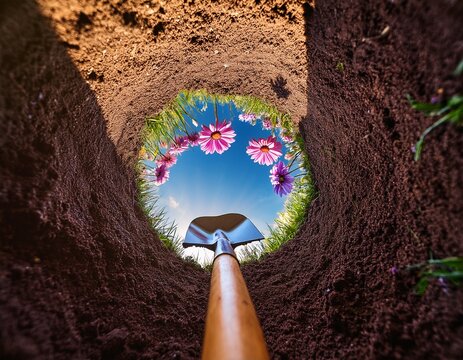 looking up from hole in yard with shovel and flower lawncare planting flower gardening and digging a hole concept