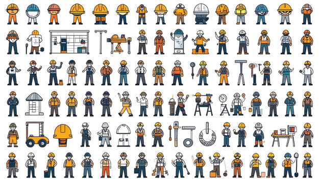 Construction workers with tools and equipment.