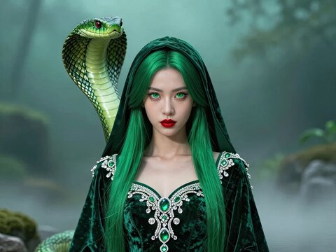 Woman with green hair posing with cobra
