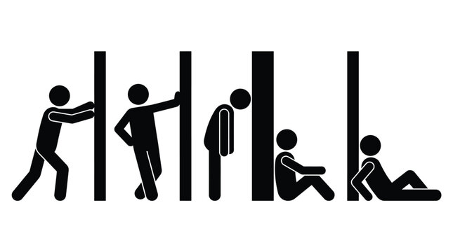 Minimalist vector illustration showing stick figures in various poses interacting with tall black vertical bars