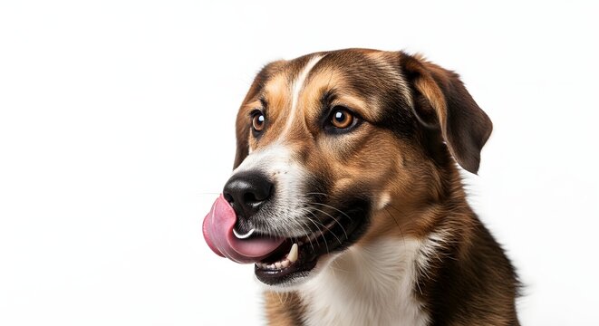 Close up head portrait of a cute mixed breed dog licking its nose isolated on a clean white background with portrait, isolated
