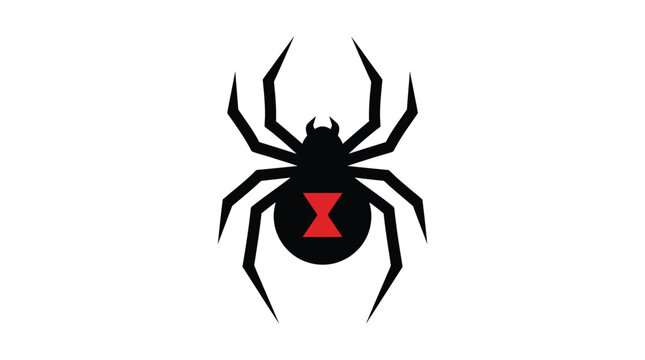 Minimalist black widow spider vector illustration featuring a bold red hourglass mark on its abdomen