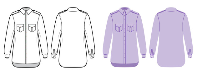 Naklejka premium Fitted military shirt with epaulettes, chest pockets and button closure with clean structured lines and cuffed sleeves. Technical fashion illustration in black white color, front back views. Vector