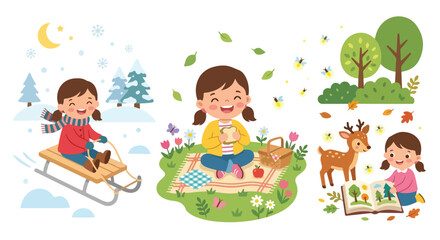 Fototapeta premium This vector illustration depicts a young girl enjoying various outdoor activities throughout the four seasons, like sledding and picnicking.