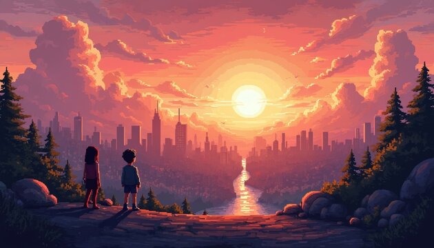 Pixel art children watch golden sunset over city skyline. River reflects bright sun, warm clouds fill sky. Trees, rocks frame retro game view. Beautiful horizon offers calm, peaceful urban nature