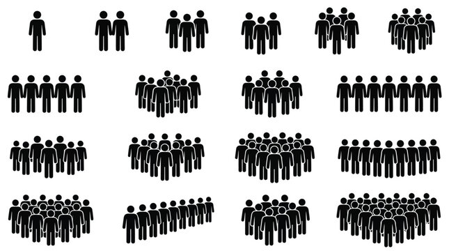 Minimalist black vector illustration showing various groups of people arranged in organized rows and patterns