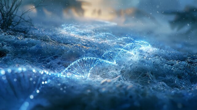 A winter field sample preserving ancient genetic material, with luminous DNA strands emerging from icy organic texture, surrounded by hints of extinct animals in the distance. Cold blue lighting