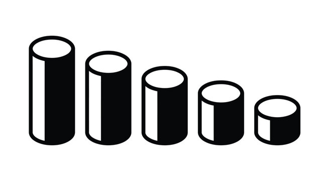 Minimalist vector illustration of five black and white cylindrical bars showing a steady downward trend