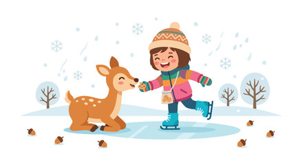 A happy young girl ice skates on a frozen pond while feeding a friendly spotted deer in a snowy, whimsical winter landscape. © Rayi