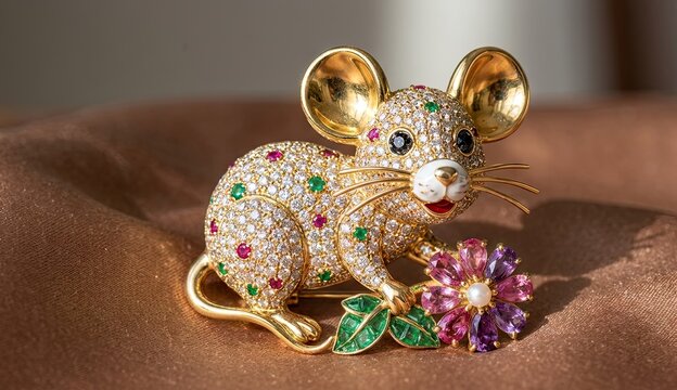 Jeweled mouse brooch with floral gem accent
