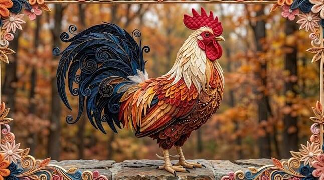 Colorful rooster standing on wooden plank outdoors
