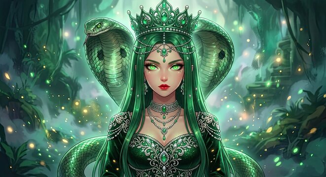 Regal figure with cobras in mystical forest