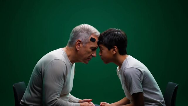 Grandfather and grandson connecting with foreheads touching against green background.