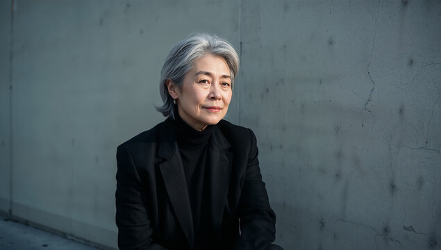 柔らかな光の灰色の壁際で日本人女性が静かに佇む肖像