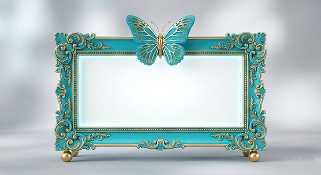 Ornate turquoise picture frame with butterfly top