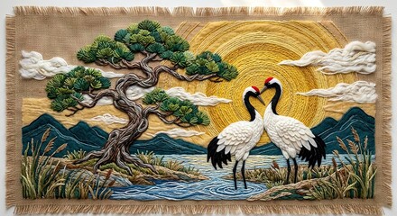 Obraz premium Embroidered cranes by pine tree at sunrise 