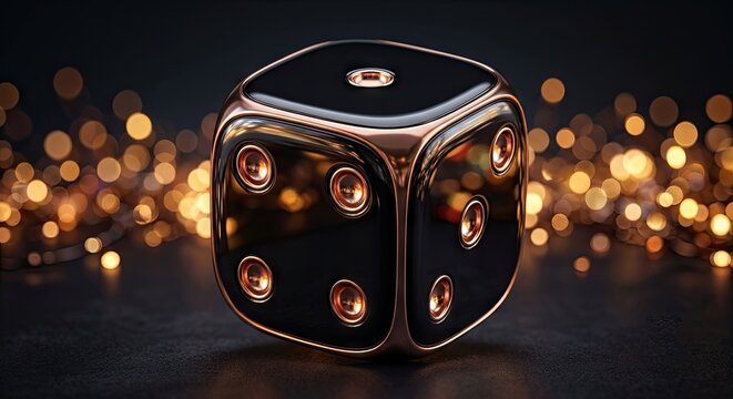 Metallic rose gold die with glowing dots
