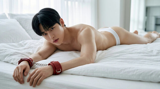 Submissive young asian man in white underwear and hands bound, conveying themes of masochism, control, and vulnerability. Ideal for adult, artistic, and conceptual content relate