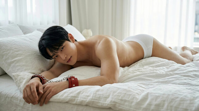 Submissive young asian man in white underwear and hands bound, conveying themes of masochism, control, and vulnerability. Ideal for adult, artistic, and conceptual content relate