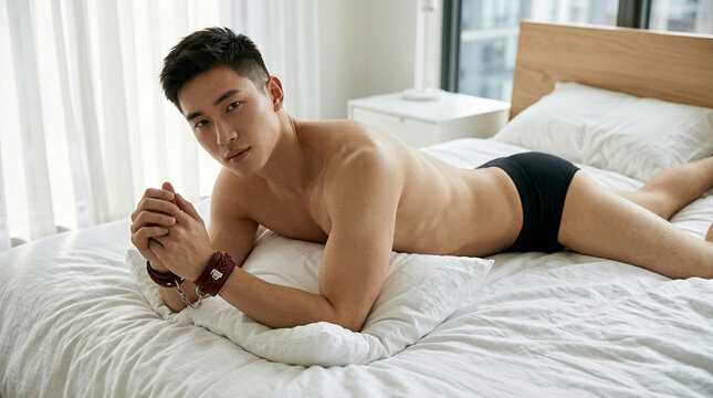 Submissive young asian man in white underwear and hands bound, conveying themes of masochism, control, and vulnerability. Ideal for adult, artistic, and conceptual content relate