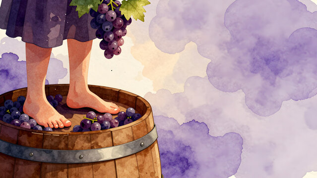 Watercolor illustration of traditional grape stomping in a wooden barrel