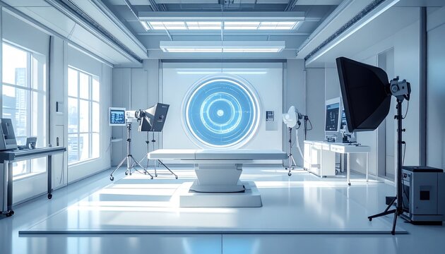 Modern, sterile, futuristic medical lab with scan machine and examination table bathed in light