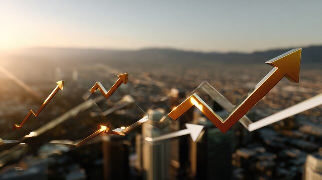Financial Growth Chart: Upward trending arrows symbolize financial growth and success against a backdrop of a sprawling cityscape at sunset.