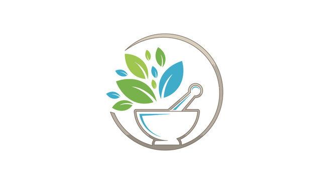 Herbal medicine logo with mortar and leaves.