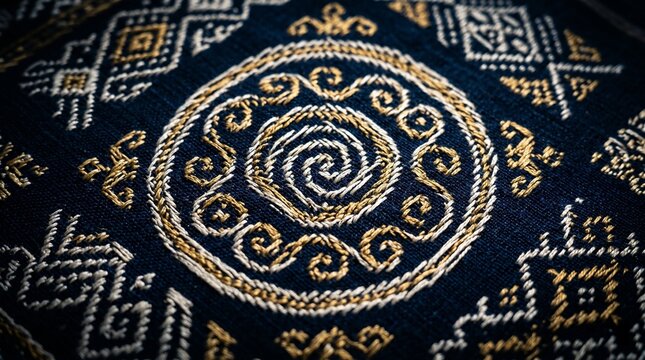 Macro Details of Tenun Rote Textile Featuring Unique Spiral Pola Lio Gold and White Motif
