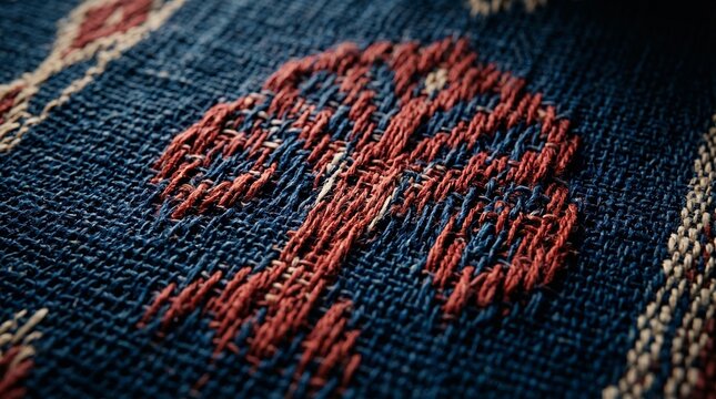 Hyperrealistic Macro Texture of Tenun Sumba Indigo and Red Fabric with Andung Motif