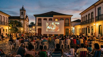 Naklejka premium Brazilian Cinema Day: An open-air cinema screens a movie in a charming historic town square at dusk, with an audience seated on chairs enjoying the cinematic spectacle under the twilight sky.