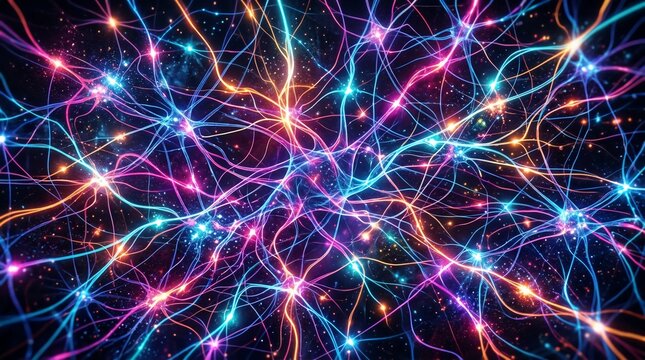 Vibrant neural network with glowing synapses and cosmic background