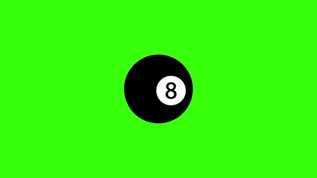 4K animation of a billiard 8 ball smoothly appearing on a green background. Ideal for chroma key editing, sports content, pool game presentations, and motion graphics projects.
