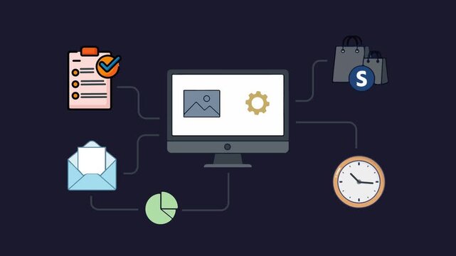 Computer Monitor and Business Icons Animation on Dark Navy Background