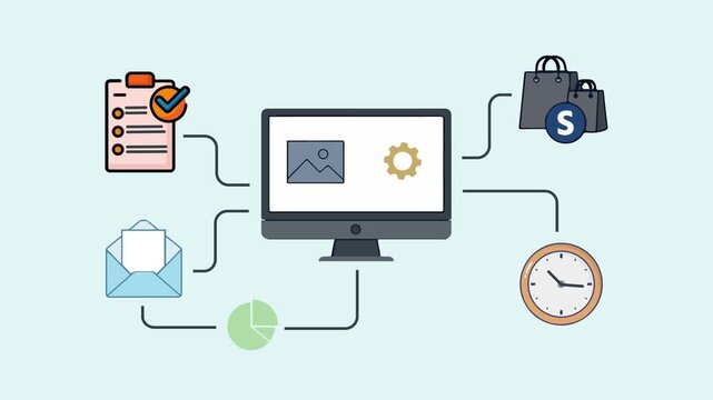 Computer Monitor with Multitasking Business Icons Animation