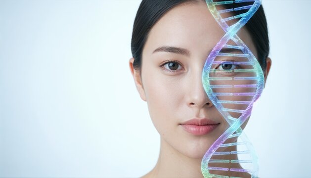 Genetic Beauty: A striking portrait of an East Asian woman's face is superimposed with a vibrant, glowing DNA helix, symbolizing the intersection of genetics and human identity.