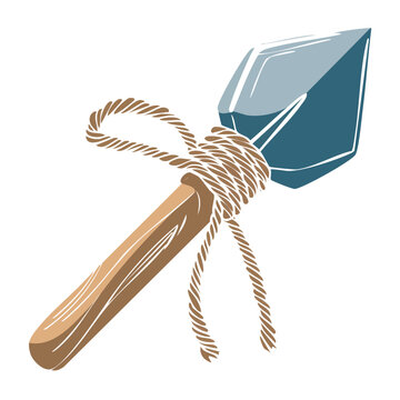 Flat design illustration of a stone axe with rope and wooden handle