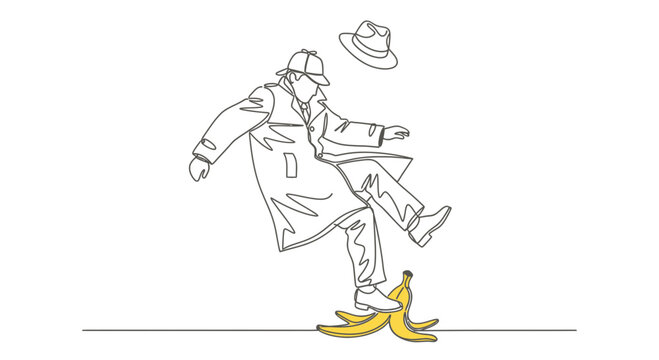 Detective slipping on banana peel, continuous line art, concept of accident or mistake