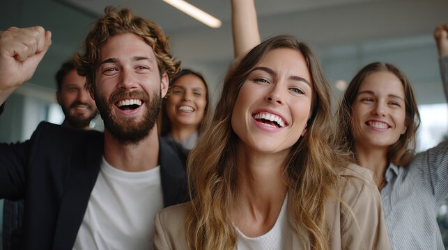 Excitement and Success: A group of smiling business professionals celebrates a shared victory, their faces alight with joy and accomplishment.