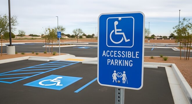 Accessible parking sign with wheelchair symbol in an empty outdoor parking lot on a sunny day accessible handicap wheelchair