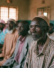 Fototapeta premium Community elders and a faith leader seated in a modest meeting hall, discussing disease prevention with concerned residents, serious but hopeful mood, warm window light, conversational medium shot.
