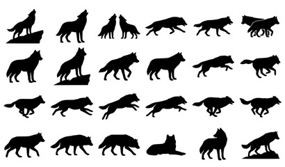 Obraz premium Wild Wolf Silhouette Vector Bundle Black Animal Profiles Isolated on White