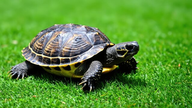 Turtle on Green Grass: A close-up shot captures a turtle with a patterned shell walking across a vibrant, sun-drenched green lawn.