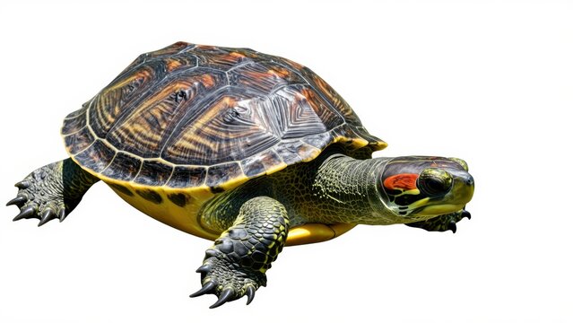 Turtle on White Background: A detailed close-up captures a turtle with a textured shell and distinct markings, isolated against a clean white background.