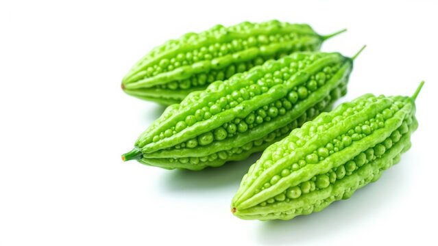 Bitter Melon Trio: Three vibrant green bitter melons, characterized by their bumpy texture and distinct ridges, rest together.