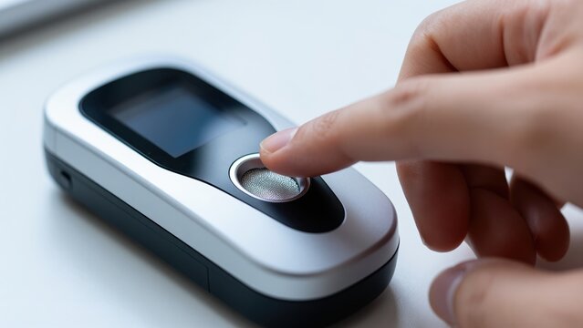 Digital Alcohol Tester Operation: A close-up shot captures a finger pressing a button on a portable digital alcohol tester, illustrating technology used for breath analysis and monitoring.