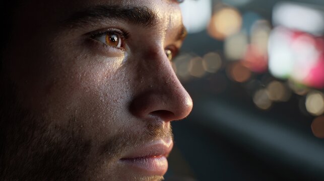 Urban Contemplation: A man's thoughtful gaze, illuminated by city lights, reflects a moment of introspection amidst the urban sprawl. A close-up captures his pensive expression.