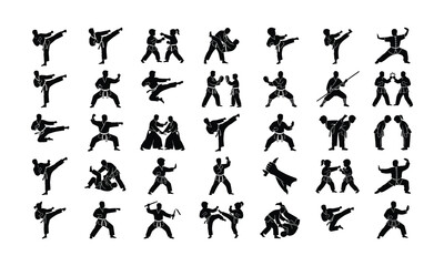 Martial arts vector silhouettes, karate poses set, taekwondo kicking icons, judo sparring graphics, kung fu training elements, self defense silhouette collection © Sakill_Pro