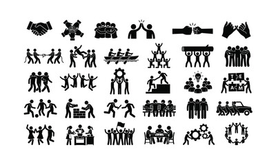 Obraz premium Teamwork stick figure icons set, business partnership collaboration, community support, success unity, together work, strategy cooperation, power harmony, trust leadership.